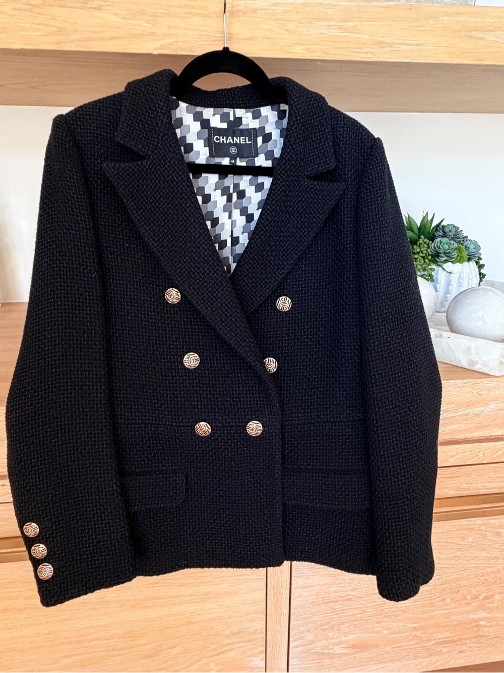 CHANEL Black Double-Breasted Blazer with Gold Buttons size 46